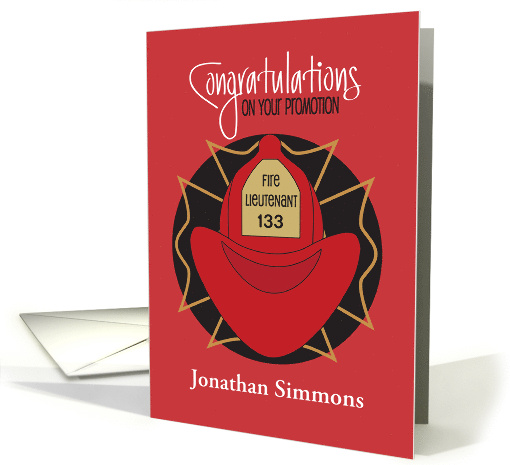 Promotion for Fire Lieutenant, Fire Hat, Custom Name & Number card