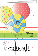 Birthday for 30 Year Old, Brightly Colored Balloon Trio & Custom Name card