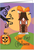 First New Home for Halloween with Tall Home and Orange Bow with Bats card
