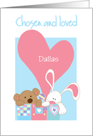 Adoption Congratulations for Baby Boy and Bear Bunny with Custom Name card