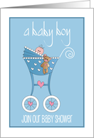Baby Shower for Baby Boy with Baby in Stroller with Teddy Bear card
