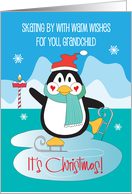 Christmas for Grandchild Ice Skating Penguin in Santa Hat with Hearts card