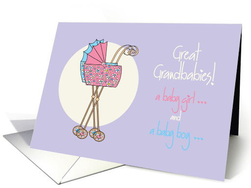 Becoming Great Grandparents to Twins, Pink & Blue Strollers card