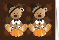 First Thanksgiving for Twins, Two Bears in Pilgrim Hats & Pumpkins card