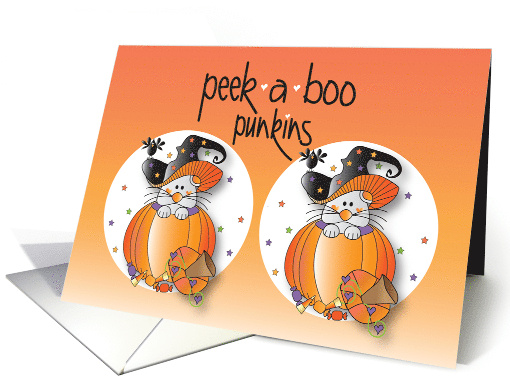 Halloween for Twins, Peek a Boo Mice in Witch Hats & Pumpkins card