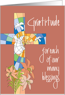 Religious Thanksgiving, Stained Glass Cross on Sepia & Lilies card