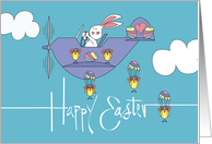 Easter for Boy White Bunny Piloting Small Plane and Parachuting Chicks card