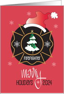 Christmas for Firefighter Merry Holidays with Santa Hat Tree and Badge card