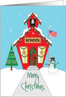 Christmas for School Staff, Decorated Red Schoolhouse in Snow card