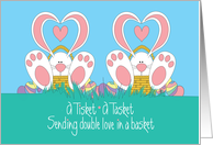 1st Easter for Twins, A Tisket A Tasket Bunnies in Baskets & Hearts card