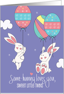 Easter for Twins with White Bunnies Flying with Decorated Egg Balloons card