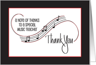 Hand Lettered Thank you to Music Teacher with Curved Staff and Notes card