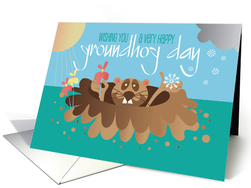 Hand Lettered Groundhog Day with Groundhog Flowers and Snow card