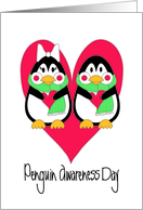 Penguin Awareness Day, Two Penguins Holding Hearts & Scarves card