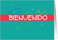 Bienvenido Welcome Card in Spanish, Teal and Red with Confetti card