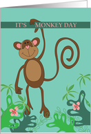 Monkey Day, Brown Monkey Hanging by One Arm in Jungle card