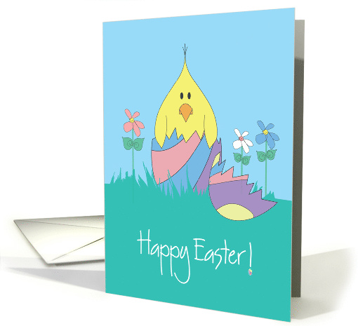 Easter Chick in Broken, Bright Colored Easter Egg with Flowers card