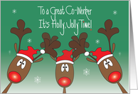 Christmas for Co-Worker, Reindeer & Santa Hats, Holly, Jolly Time card