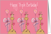 Birthday for Triplet Girls, Three Giraffes with Gifts and Balloons card