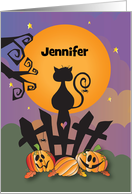 Halloween Custom Name Black Cat Silhouette on Fence with Full Moon card