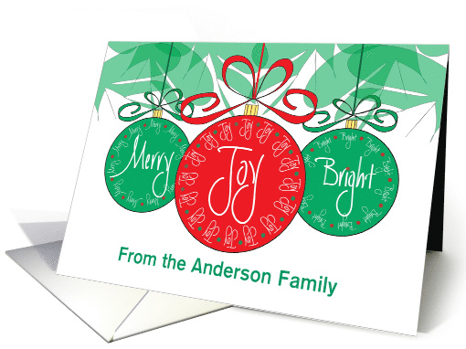 Christmas Hand Lettered Merry & Bright Ornaments, Personalized card