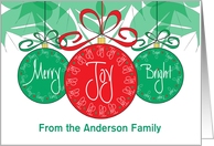 Christmas Hand Lettered Merry & Bright Ornaments, Personalized card