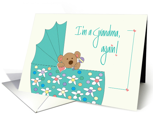 New Baby Announcement for Grandma, Bear in Floral Bassinette card