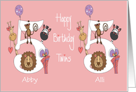 Birthday 5 Year Old Girl Twins, Personalized with Zoo Animals card