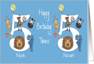 Birthday 5 Year Old Twin Boys, Personalized with Zoo Animals card