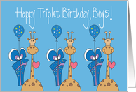 Birthday for Triplet Boys, Three Giraffes with Balloons & Gifts card