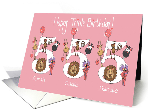 Birthday for 5 Year Old Girl Triplets, Zoo Animals & Balloons card