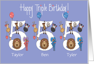 Birthday 5 Year Triplets, 2 Boys & 1 Girl with Custom Names card