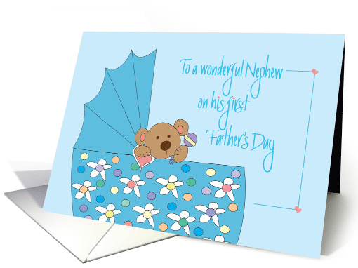 First Father's Day for Nephew, Baby Bear in a Blue Bassinette card