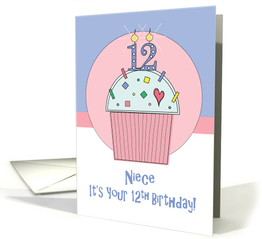 12th Birthday for Niece, Sprinkle Covered Cupcake with 12 Candle card
