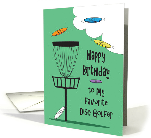 Birthday for Disc Golfer, Basket and Flying Colorful Discs card