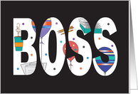 Boss’s Day, Large Bold Letters Filled with Work Images & Balloons card