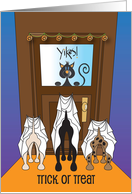 Halloween Trio of Trick or Treating Dogs and Black Cat at Door Window card