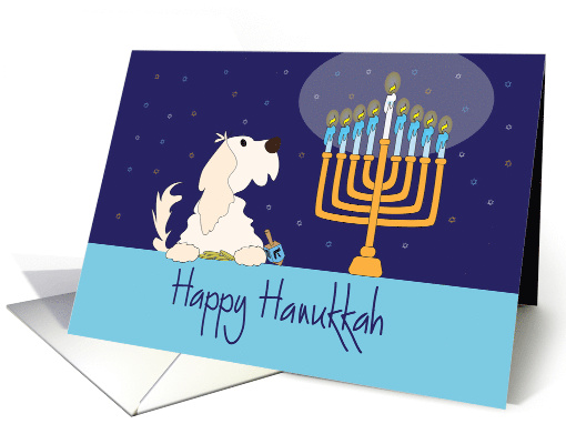 Hanukkah, with Dog Watching Menorah while playing with Dreidel card