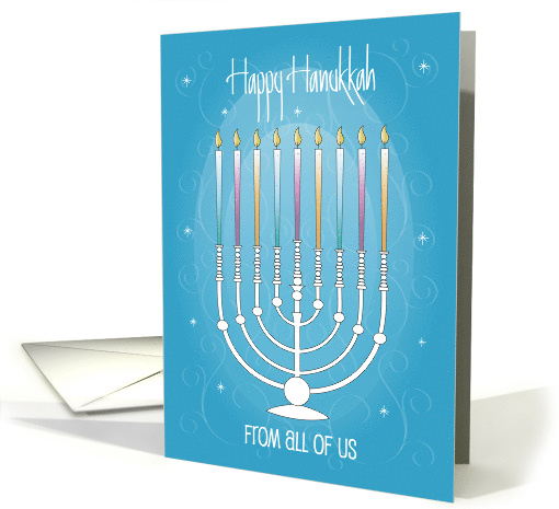 Hand Lettered Hanukkah From All of Us with Menorah and Candles card