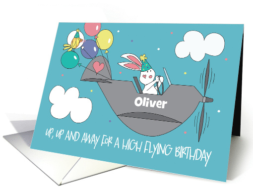 Birthday for Boy Up, Up and Away Bunny Flying Plane with Balloons card