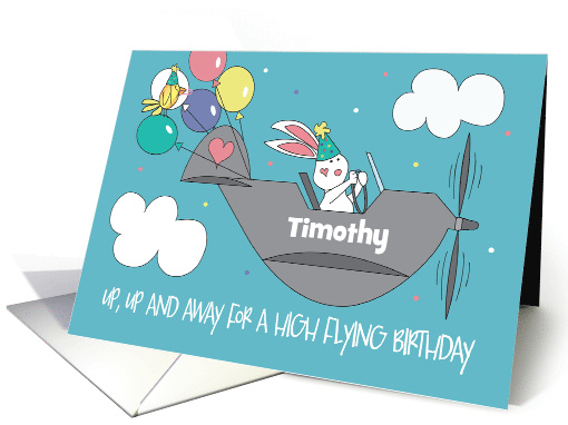 Birthday Great Grandson Up Up and Away Flying Bunny Custom Name card