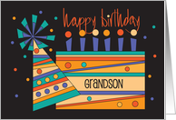 Hand Lettered Birthday for Grandson Bright Birthday Cake and Party Hat card