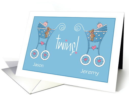 New Baby Boy Twin Congratulations Blue Strollers and Custom Names card