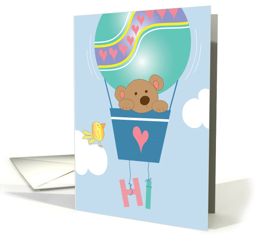 Hi with Bear in Hot Air Balloon Decorated with Hearts and Bird card