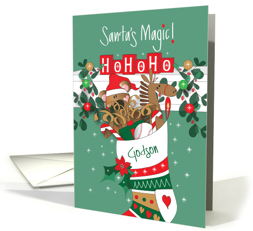 Santa's Magic for Godson, Santa Bear and Toys in Ornate Stocking card