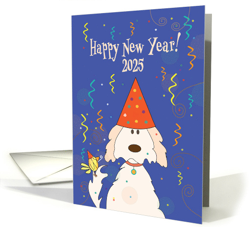 New Year's 2024 Dog in Party Hat with Bird Buddy and Party Blower card