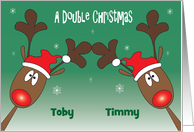 1st Christmas Twin Great Grandsons, Custom Names & Reindeer card