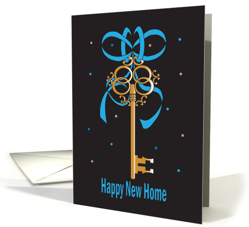 Happy New Home from Realtor, Gilded Key with Blue Ribbon card