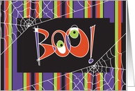 Hand Lettered Striped Boo Halloween Party Invitation with Spider Webs card