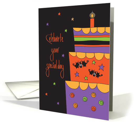 Halloween Birthday with Tall Stacked Halloween Cake & Bats card